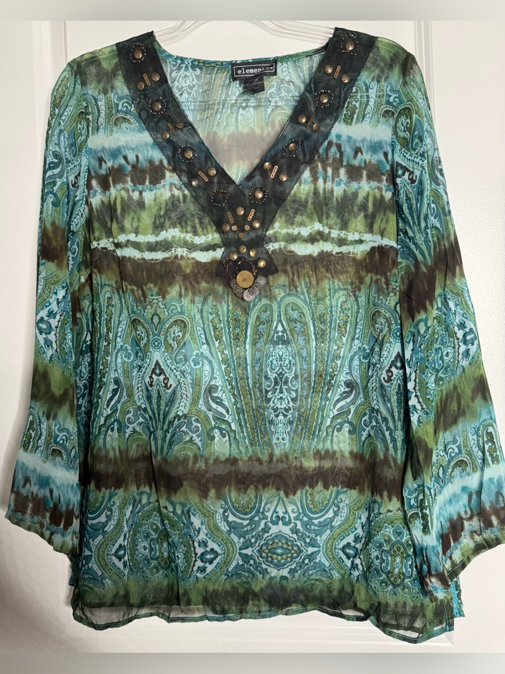 Elementz Teal & Olive Paisley V-Neck Embellished Tunic sheer long sleeve large
